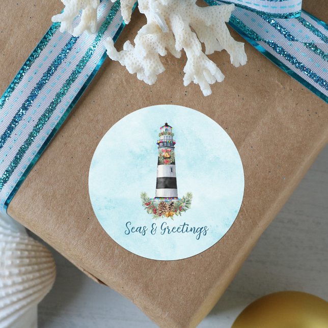 Christmas Nautical Watercolor Lighthouse Classic Round Sticker (Creator Uploaded)