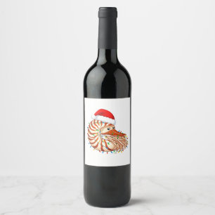Christmas Nautilus Pompilius Santa Hat Holiday Wine Label