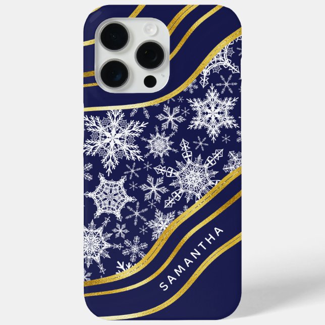 Christmas Navy Blue Gold Monogrammed Snowflakes Case-Mate iPhone Case (Back)
