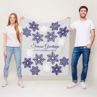 Christmas Navy Blue Snowflakes Fleece Blanket