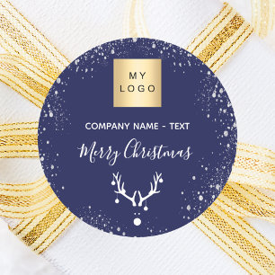 Christmas navy blue white reindeer business logo classic round sticker