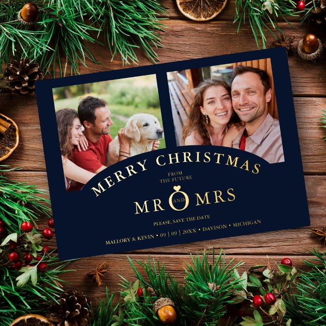Christmas Navy Chic Luxury Golden Effect 2 Photos  (Christmas Navy Chic Luxury Golden Effect 2 Photos Wedding metallic Foil Save the Date Card.)