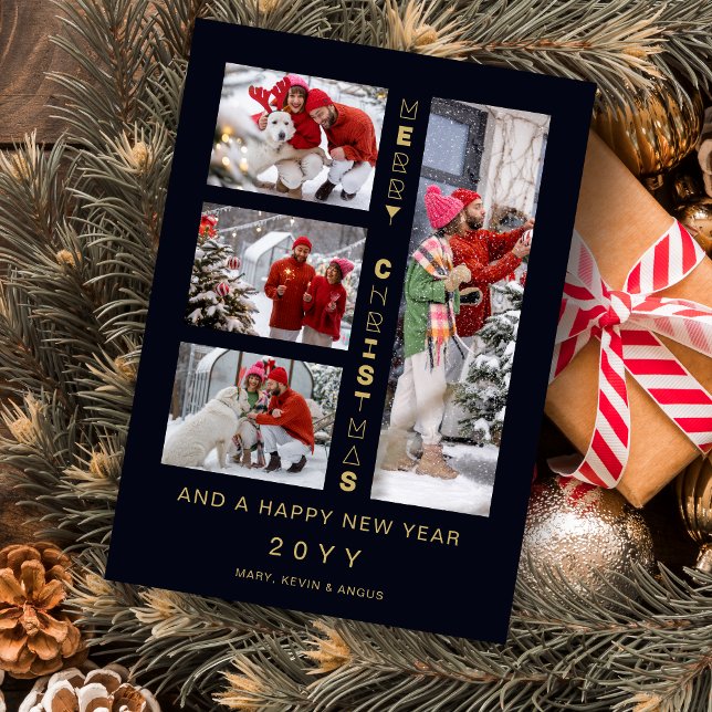 Christmas Navy & Gold 4 Multi photos Funny Script Holiday Card (Christmas Navy & Faux Gold 4 Multi photos Collage Whimsical Funny Script Holiday Card with Envelope.)