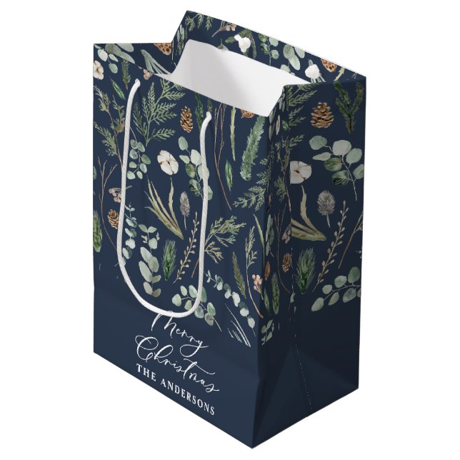 Christmas navy modern minimal elegant botanical medium gift bag (Front Angled)
