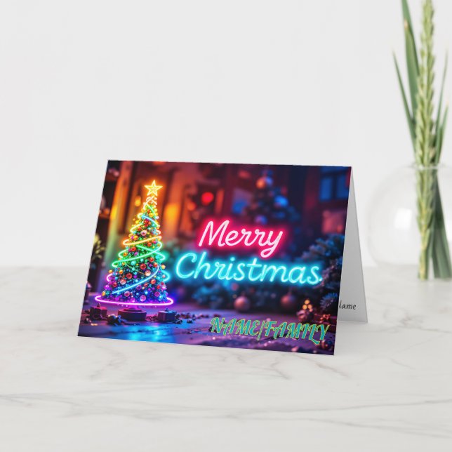 Christmas Neon Tree Glow Holiday Card (Front)