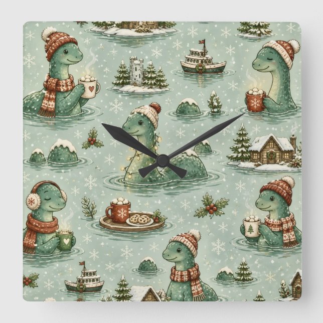 Christmas Nessie Loch Ness Monster Cosy Cryptids  Square Wall Clock (Front)