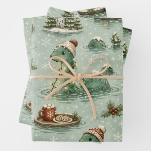 Christmas Nessie Loch Ness Monster Cosy Cryptids Wrapping Paper Sheet