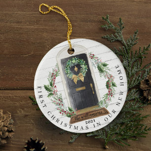 Christmas New Home Black Watercolor Door Photo Ceramic Tree Decoration