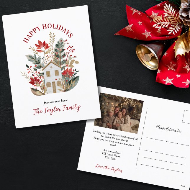 Christmas New Home Holiday Postcard (cute watercolor house surrounded with christmas greenery)