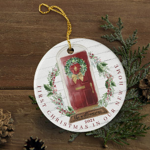 Christmas New Home Red Watercolor Door Photo Ceramic Tree Decoration