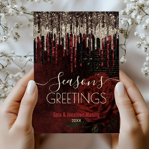 Christmas New Year red flower gold glitter drips Postcard