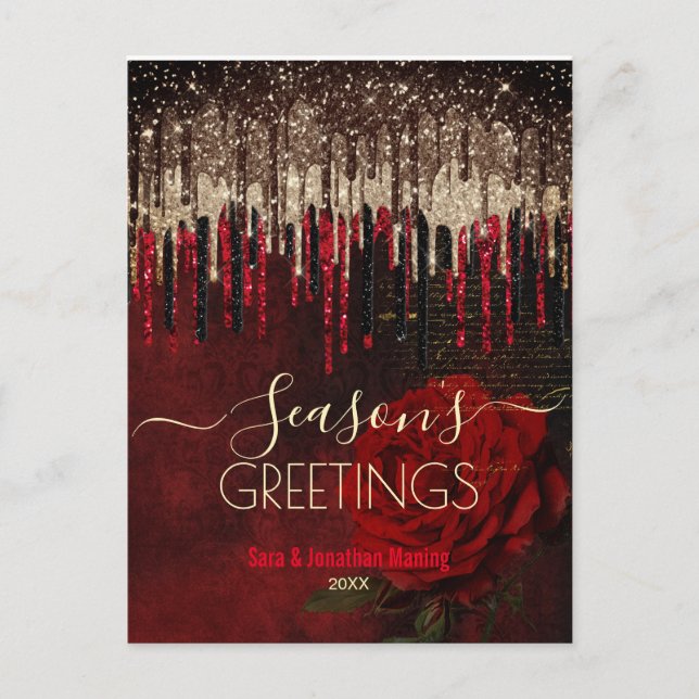  Christmas New Year red flower gold glitter drips  Postcard (Front)