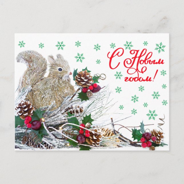 Christmas New Year Squirrel Vintage Rustic Holiday Postcard (Front)