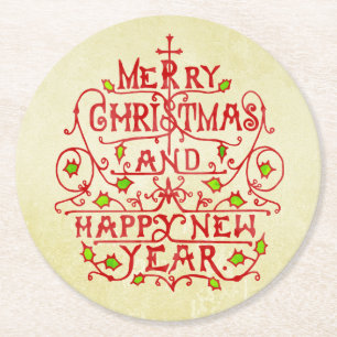 Christmas New Year Vintage Typography Round Paper Coaster