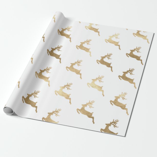 Christmas New Year White Golden Reindeer Wrapping Paper (Unrolled)