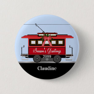Christmas New Year's Red Tram Trolley Streetcar 6 Cm Round Badge