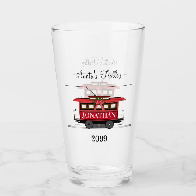 Christmas New Year's Red Tram Trolley Streetcar Glass (Front)