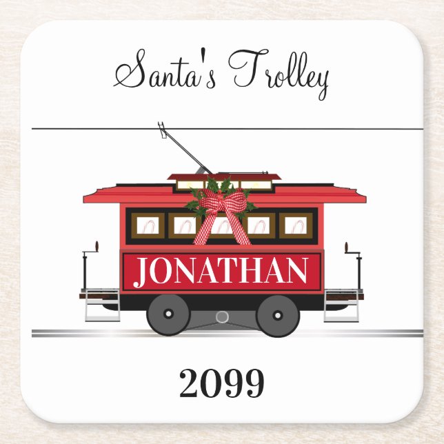 Christmas New Year's Red Tram Trolley Streetcar Square Paper Coaster (Front)
