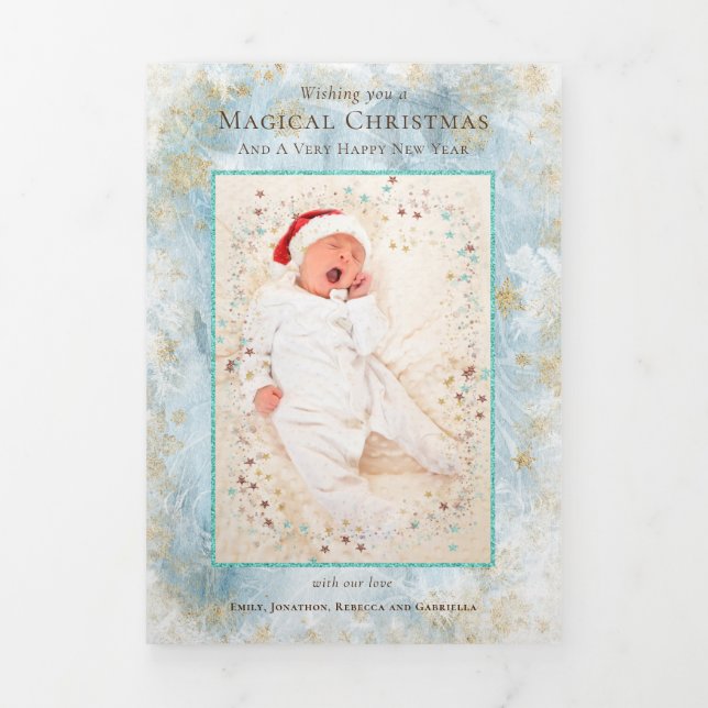 Christmas Newsletter Year In Review Photos Frosty  Tri-Fold Holiday Card (Cover)