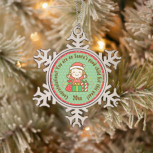 Christmas Nice List Kids Gift From Santa Clause Snowflake Pewter Christmas Ornament