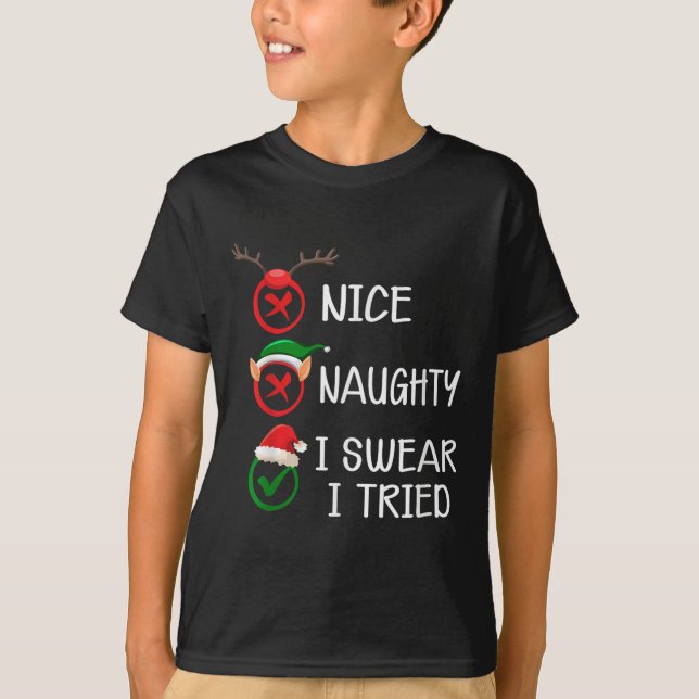 Christmas Nice Naughty I Swear I Tried Xmas List H T-Shirt (Front)
