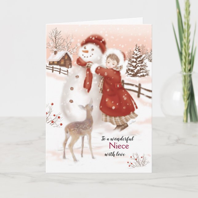 Christmas, Niece, Deer, Girl and Snowman Holiday Card (Front)