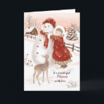 Christmas, Niece, Deer, Girl and Snowman Holiday Card<br><div class="desc">On this vintage style Christmas card for Niece, I have painted a sweet little girl tying a red scarf around the neck of a large snowman. A cute baby deer looks on. The girl is wearing a long dress under a heavy red coat with a white fur effect trimming on...</div>