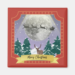 Christmas night diorama Santa reindeer sleigh   Magnet