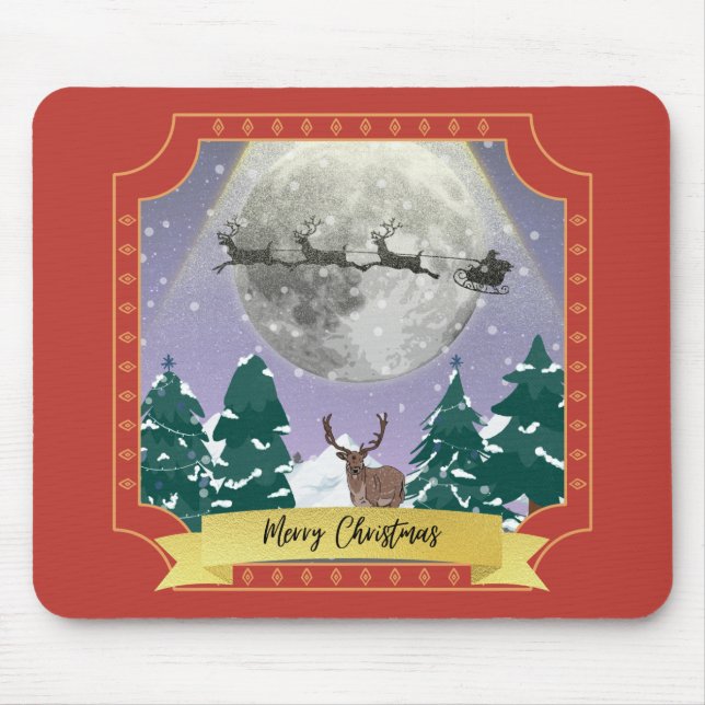 Christmas night diorama Santa reindeer sleigh  Mouse Pad (Front)