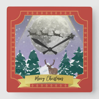 Christmas night diorama Santa reindeer sleigh  Square Wall Clock
