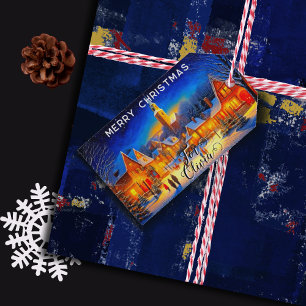Christmas night in an illuminated village gift tags