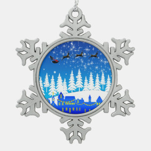 Christmas Night Santa and Sleigh Snowflake Pewter Christmas Ornament