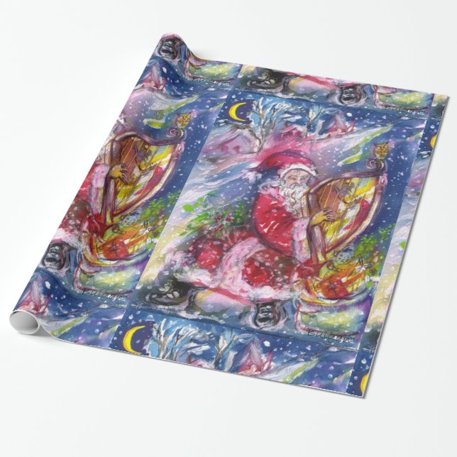 CHRISTMAS NIGHT ,SANTA CLAUS PLAYING HARP WRAPPING PAPER (Unrolled)