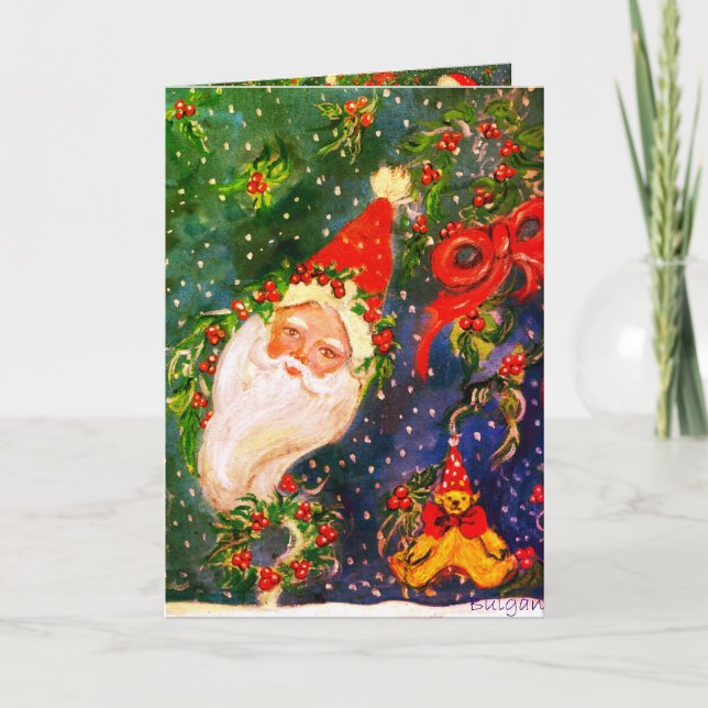 CHRISTMAS NIGHT / SANTA WITH TOYS AND HOLLYBERRIES HOLIDAY CARD (Front)