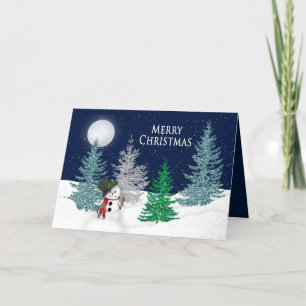 Christmas - - Night Snow Scene & Snowman Holiday Card