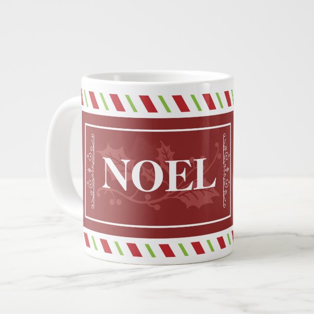 Christmas NOEL Candy Cane Stripes, Editable Name Large Coffee Mug (Front Left)