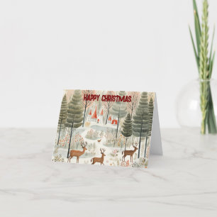 Christmas Nordic forest scene with reindeer. Holiday Card