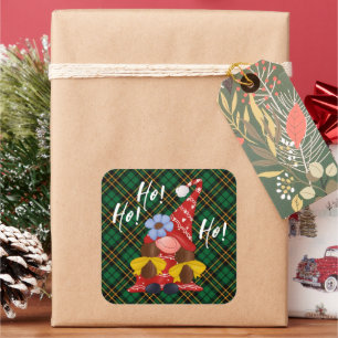 Christmas Nordic Girl Gnome Green Plaid Square Sticker