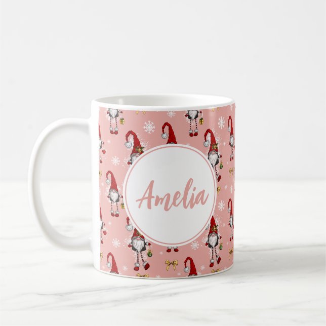 Christmas Nordic GnomesPink Pattern With Name  Coffee Mug (Left)
