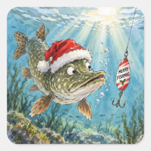 Christmas Northern Pike Fish with Santa Hat Square Sticker