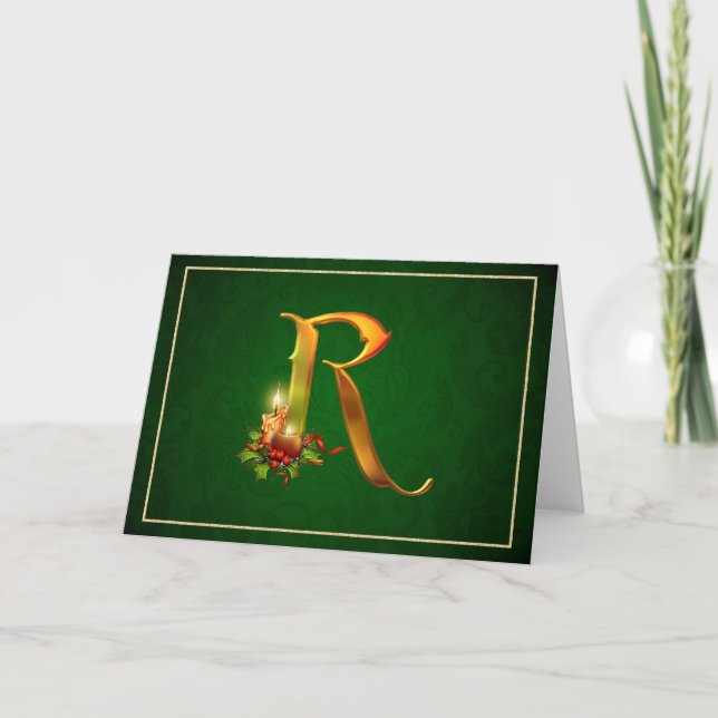 Christmas Notecard glowing lit candles initial R (Front)