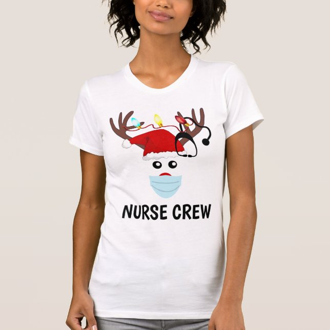 Christmas Nurse Crew Reindeer Wearing Face Mask T-Shirt (Front)