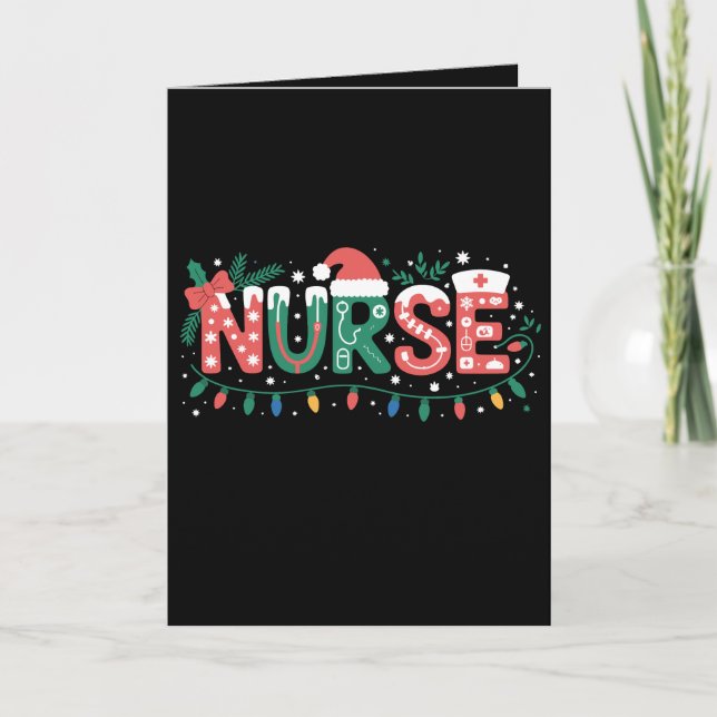 Christmas Nurse Santa Hat Stethoscope Bow Lights Card (Front)