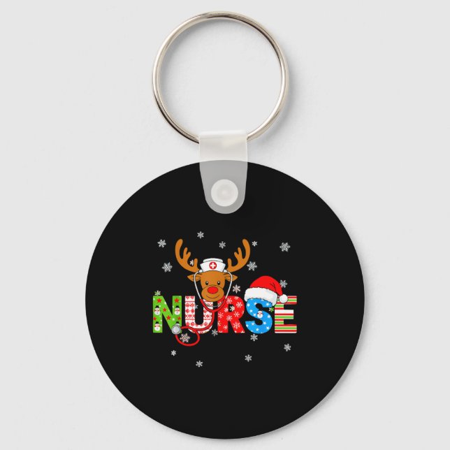 Christmas Nurse Stethoscope Santa Hat Reindeer Xma Key Ring (Front)