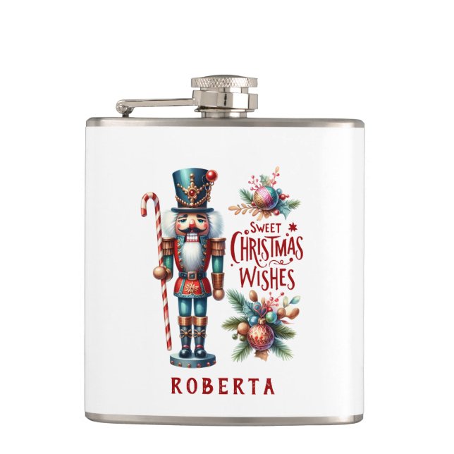 Christmas Nutcracker Candy Cane Christmas Wishes Hip Flask (Front)