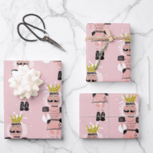 Christmas Nutcracker Figures Hand Drawn Pink Wrapping Paper Sheet