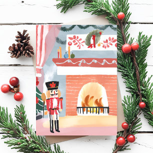 Christmas Nutcracker Fireplace   Merry Watercolor Holiday Postcard