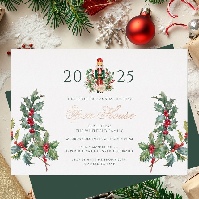 Christmas Nutcracker Open House Holiday Rose Gold (Christmas Open House Nutcracker Botanical Rose Gold Foil Invitation)