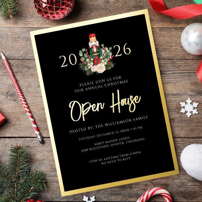Christmas Nutcracker Open House Script Gold (Christmas Nutcracker Open House 2026 Black Script Gold Foil Invitation)