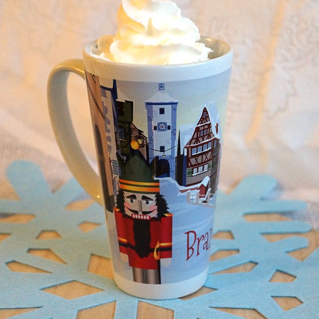 Christmas Nutcracker Personalised Name Red Latte Mug (Nostalgic Festive Christmas Red Nutcracker Hot Cocoa Chocolate Mug with Name, Light Blue, Red)